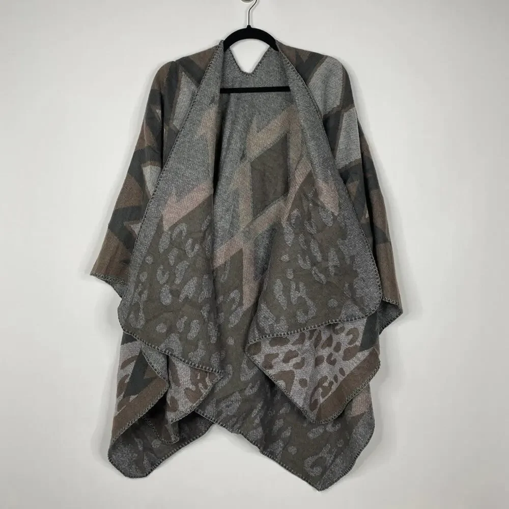 2/$30 NEW Boho Diamond Cheetah Ruana Oversized Open Wrap Poncho Blanket Scarf